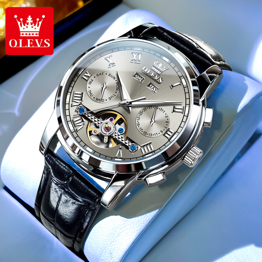 Luxury Watch With Leather Strap - OLEVS marca de lujo Tourbillon relojes